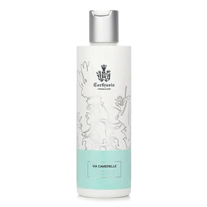 White Carthusia Via Camerelle shower gel bottle with silver cap for Via Camerelle Body Lotion