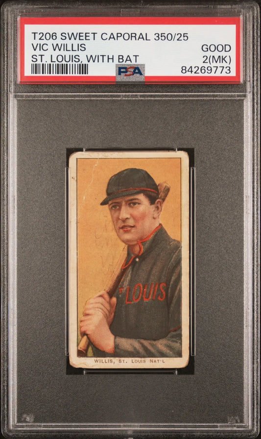 PSA-graded Vic Willis T206 Sweet Caporal baseball card in St. Louis uniform with bat