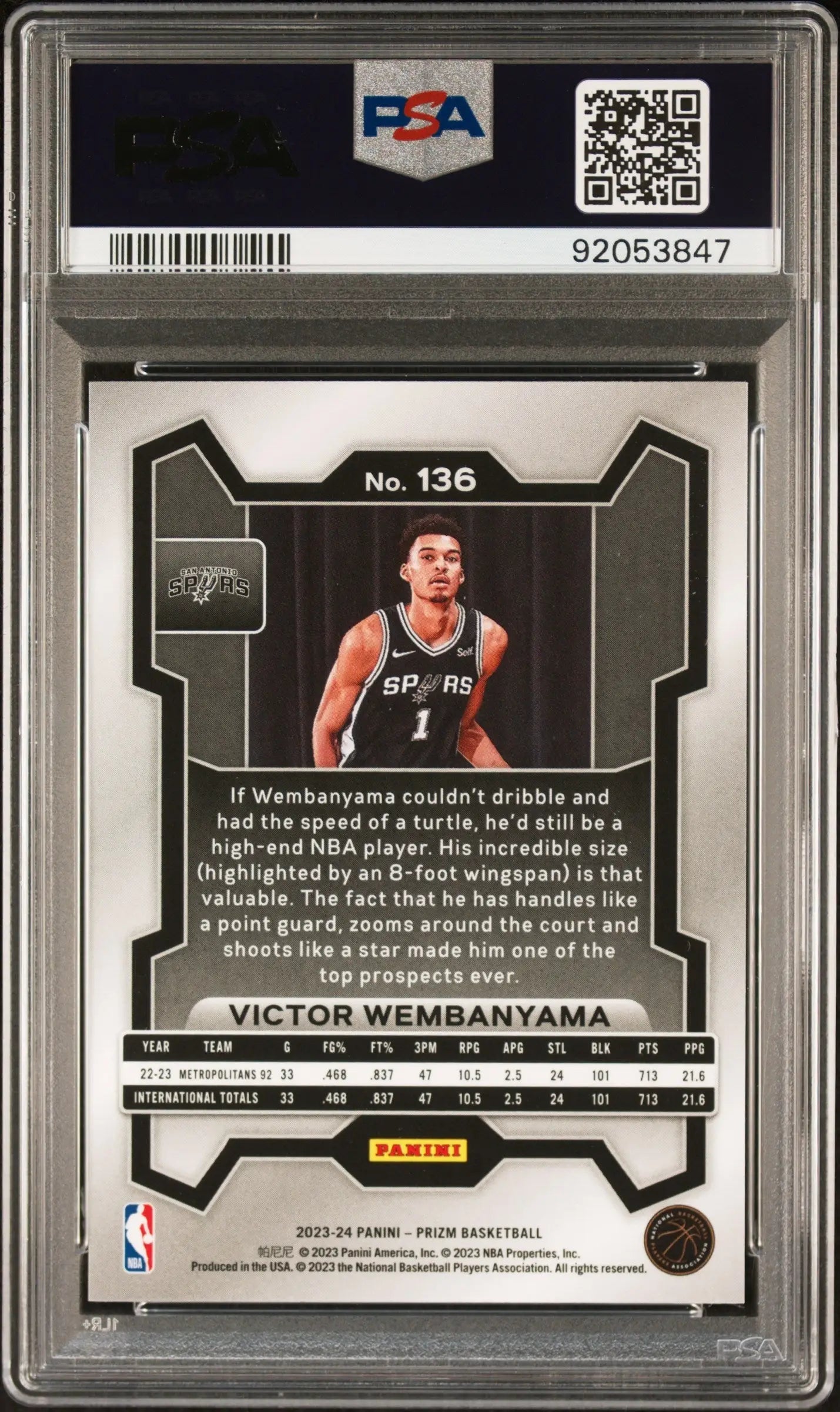 Victor Wembanyama 2023 Panini Prizm #136 PSA 10 Gem Mint basketball trading card