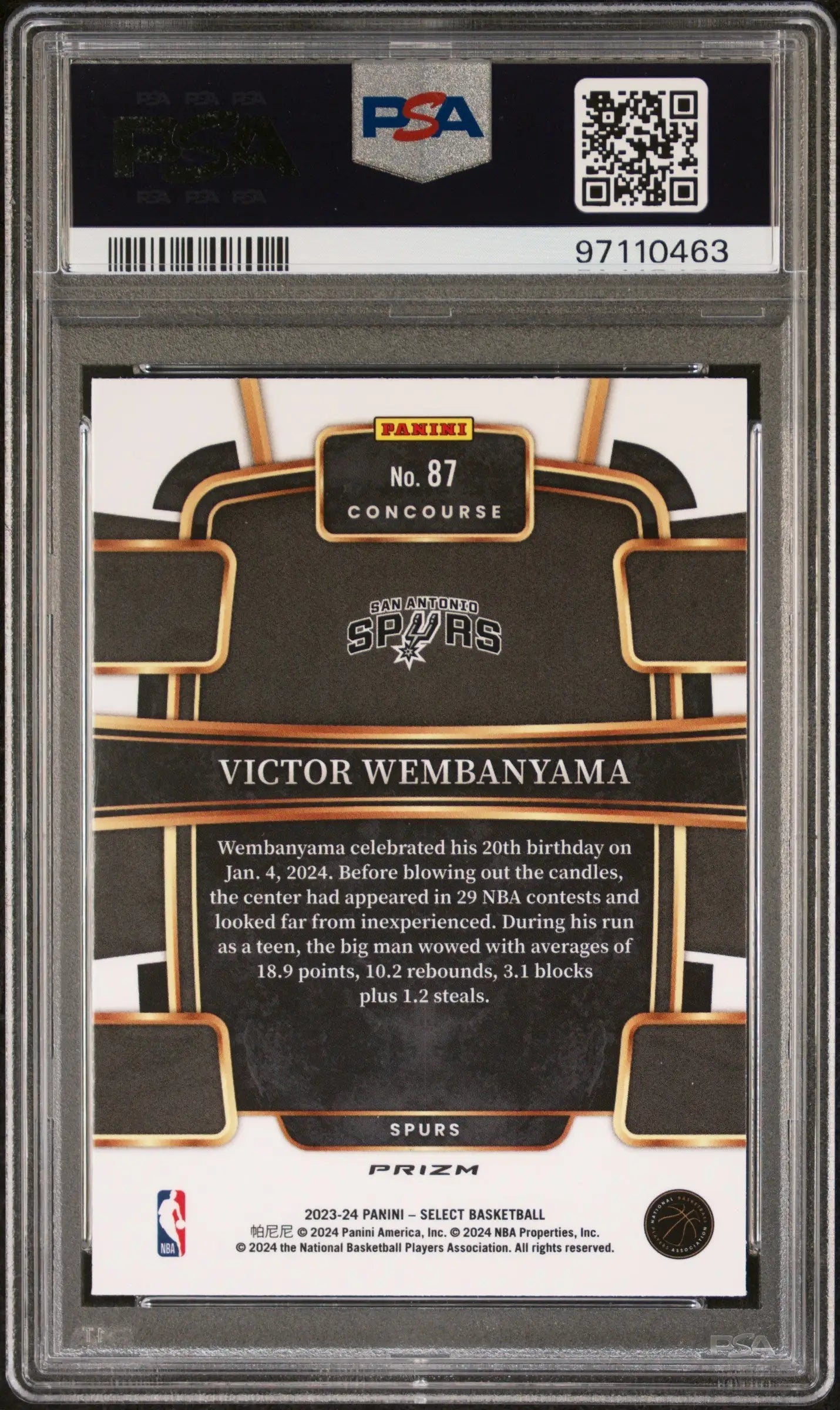 Back side of Victor Wembanyama 2023 Panini Select Rookie Silver Prizm PSA 10 card