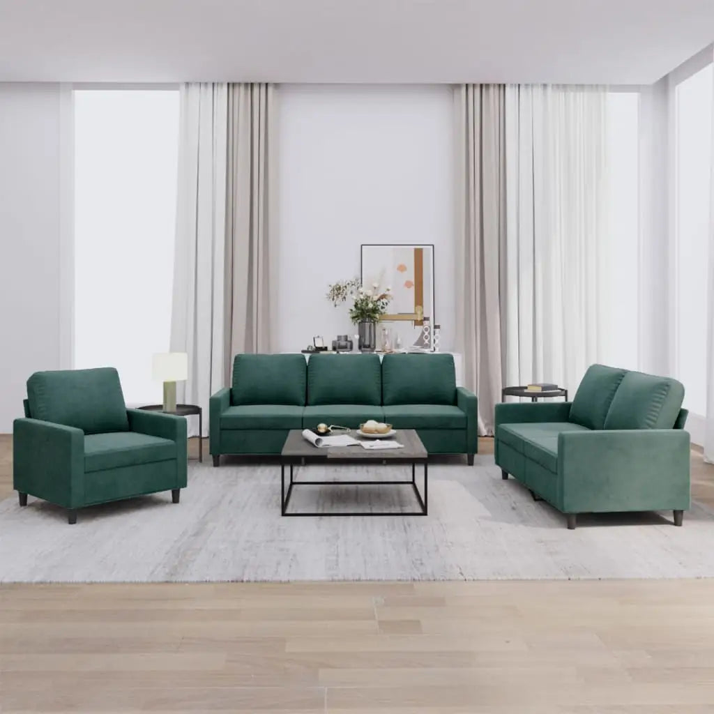 vidaXL 3 Piece Sofa Set with Cushions Dark Green Velvet - Furniture > Sofas