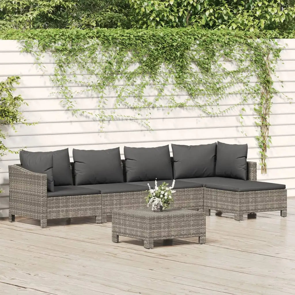 vidaXL 4 Piece Patio Lounge Set with Cushions Gray Poly Rattan - 6 piece - Outdoor Furniture Set