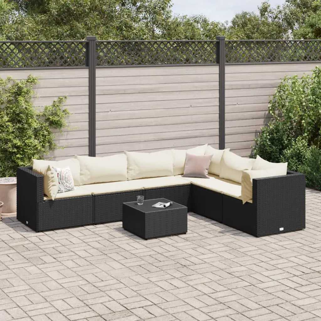 vidaXL 7 Piece Patio Lounge Set with Cushions Black Poly Rattan - Lounge Set
