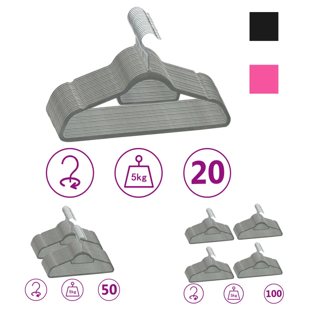vidaXL Clothes Hanger Set Coat Hanger Clothes Organizer Rack Anti-slip Velvet - Black / 100 pcs - Home & Garden >