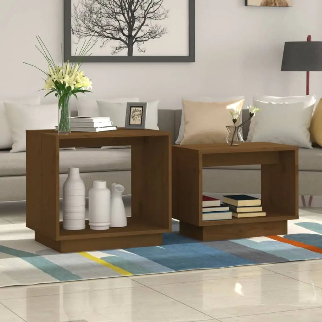 vidaXL Coffee Tables 2 Pcs End Nesting Table for Living Room Solid Wood Pine - Honey brown - Furniture > Tables >
