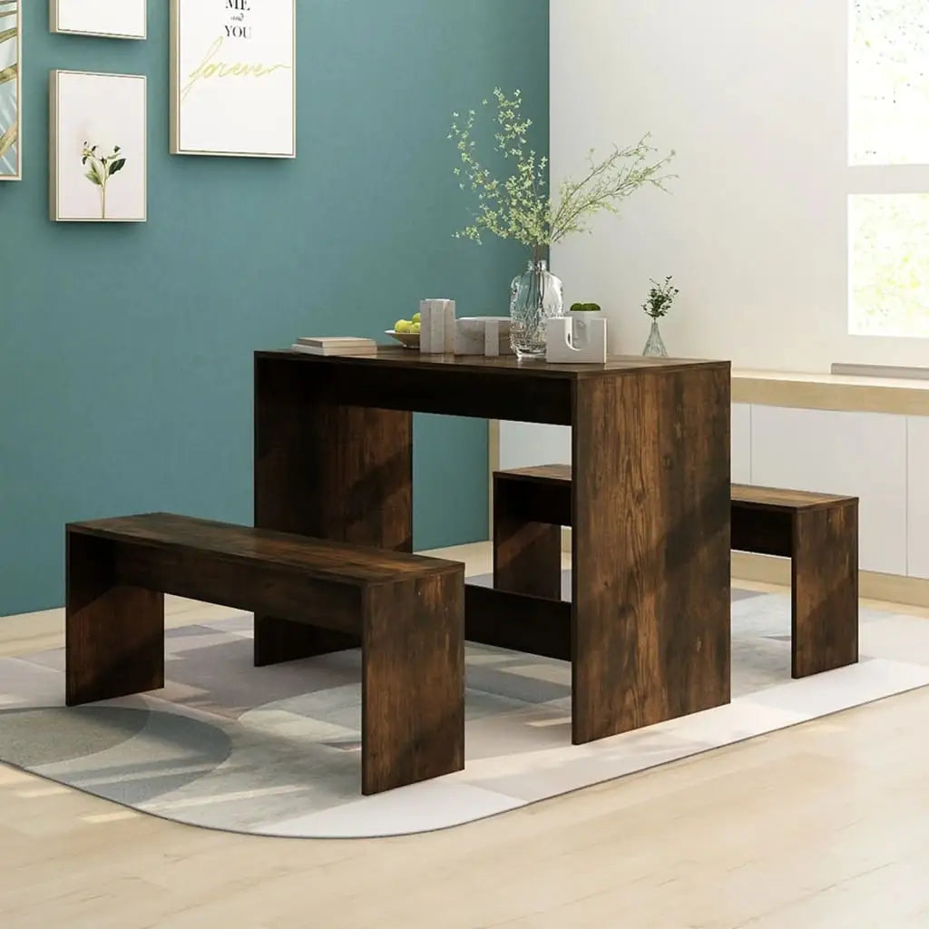 vidaXL Dining Set 3 Piece Dining Table Set with 2 Benches Engineered Wood - Smoked oak - Furniture > Furniture Sets >