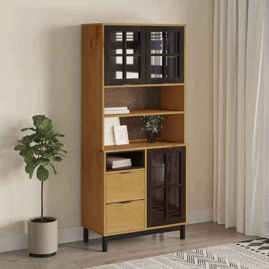 vidaXL Highboard with Glass Doors FLAM 31.5’’x15.7’’x70.9’’ Solid Wood Pine - Furniture > Cabinets & Storage > Buffets