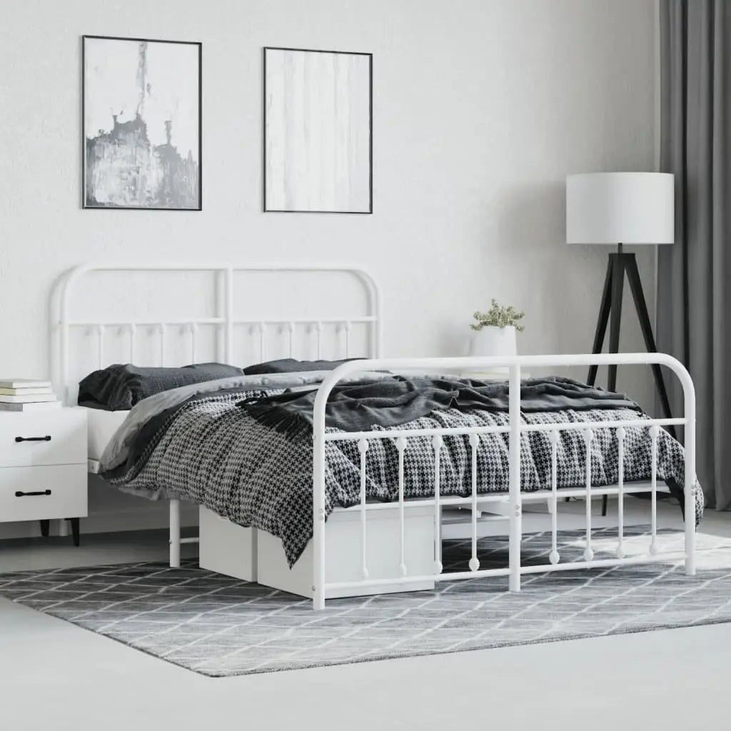 vidaXL Metal Bed Frame with Headboard and Footboard White 59.1’’x78.7’’ - Furniture > Beds & Accessories > Beds & Bed