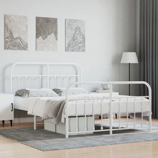 vidaXL Metal Bed Frame with Headboard and Footboard White 59.1’’x78.7’’ - Furniture > Beds & Accessories > Beds & Bed