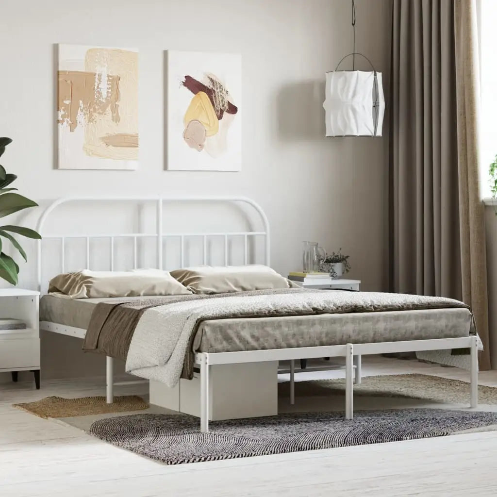 vidaXL Metal Bed Frame with Headboard White 59.8’’x78.7’’ - Furniture > Beds & Accessories > Beds & Bed Frames