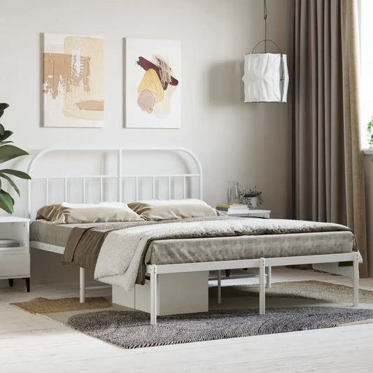 vidaXL Metal Bed Frame with Headboard White 59.8’’x78.7’’ - Furniture > Beds & Accessories > Beds & Bed Frames