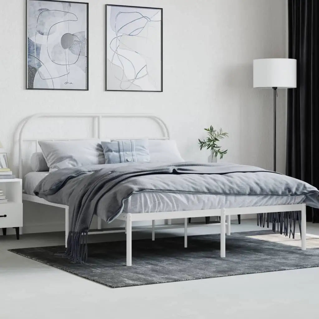 vidaXL Metal Bed Frame with Headboard White 59.8’’x78.7’’ - Furniture > Beds & Accessories > Beds & Bed Frames