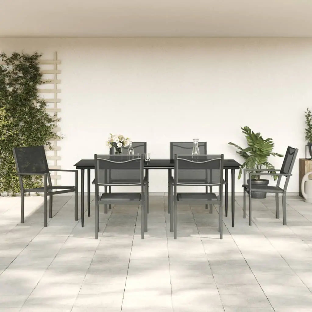 vidaXL Patio Dining Set Outdoor Table and Chair Black Steel and Textilene - 78.8’’ table length/ 7 piece - Dining Set