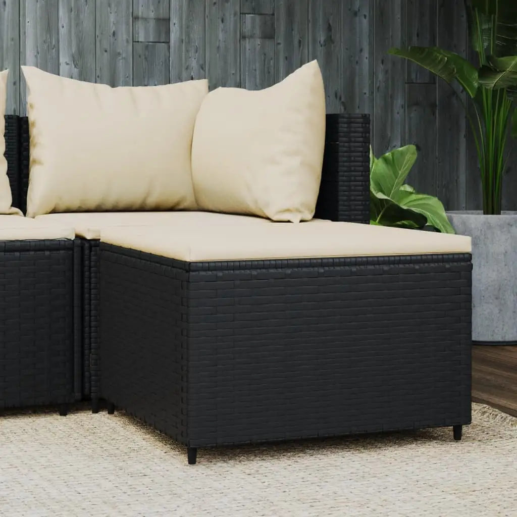 vidaXL Patio Furniture Outdoor Footstool Ottoman with Cushions Poly Rattan - Black and cream / 1 pcs - Ottoman