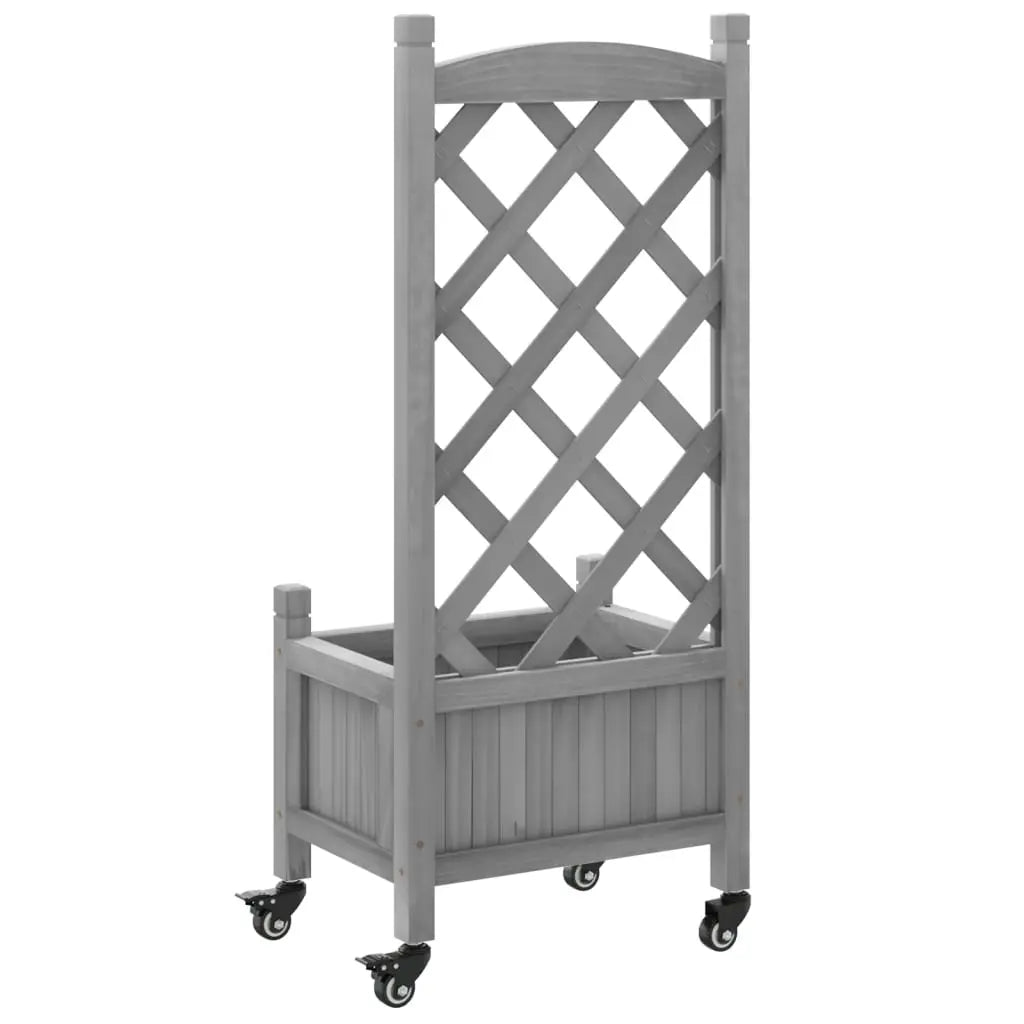 vidaXL Planter with Trellis and Wheels Gray Solid Wood Fir - Home & Garden > Lawn & Garden > Gardening > Pots & Planters