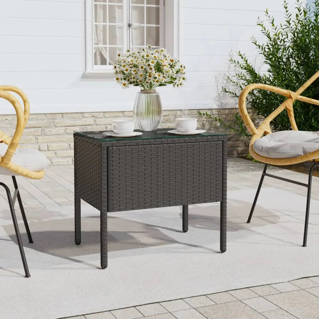 vidaXL Side Table Storage Coffee Console Table Poly Rattan and Tempered Glass - Black - Furniture > Tables > Accent