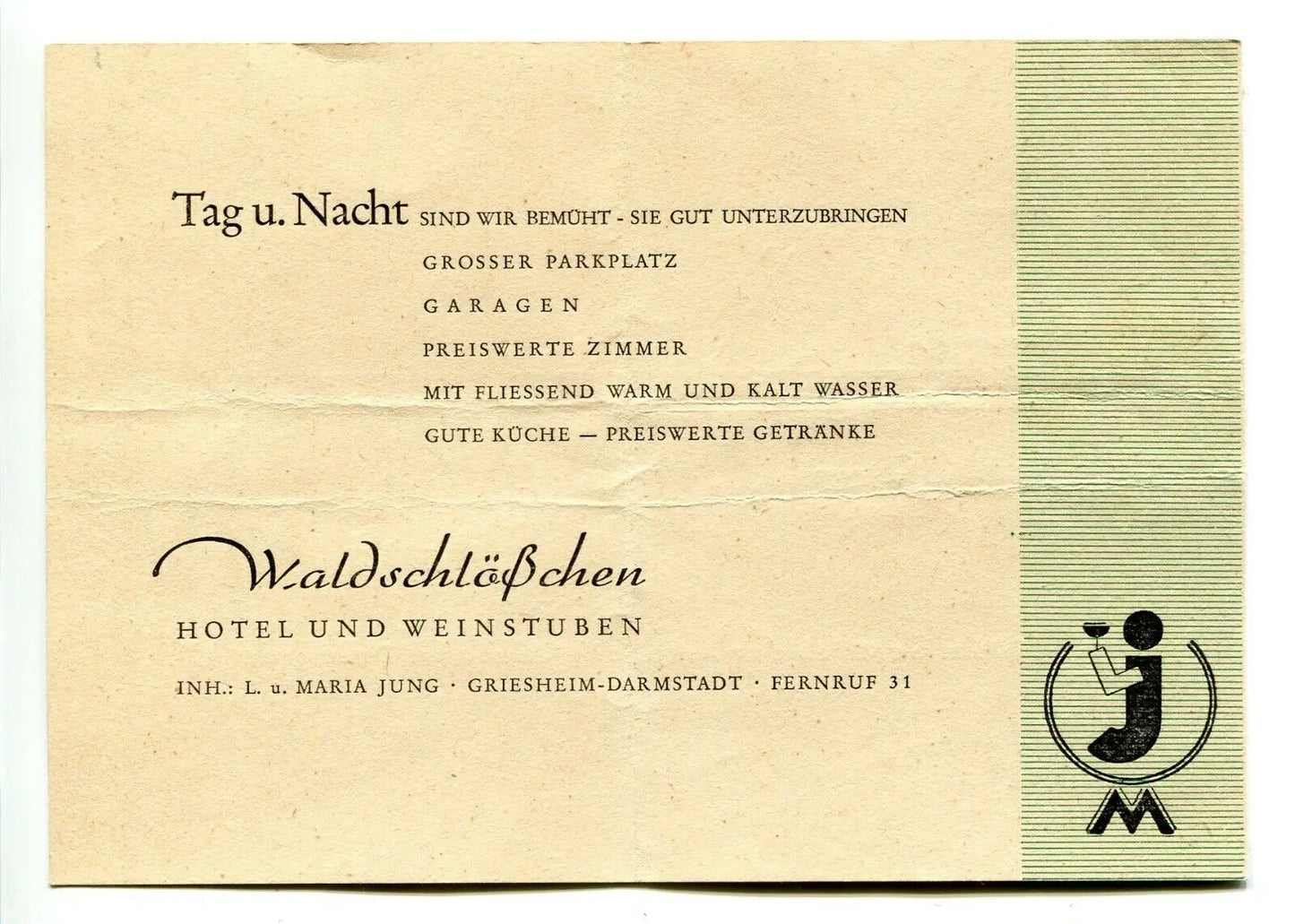 Vintage Waldschlobchen Hotel advertisement from WWII, ideal for trading cards collectors