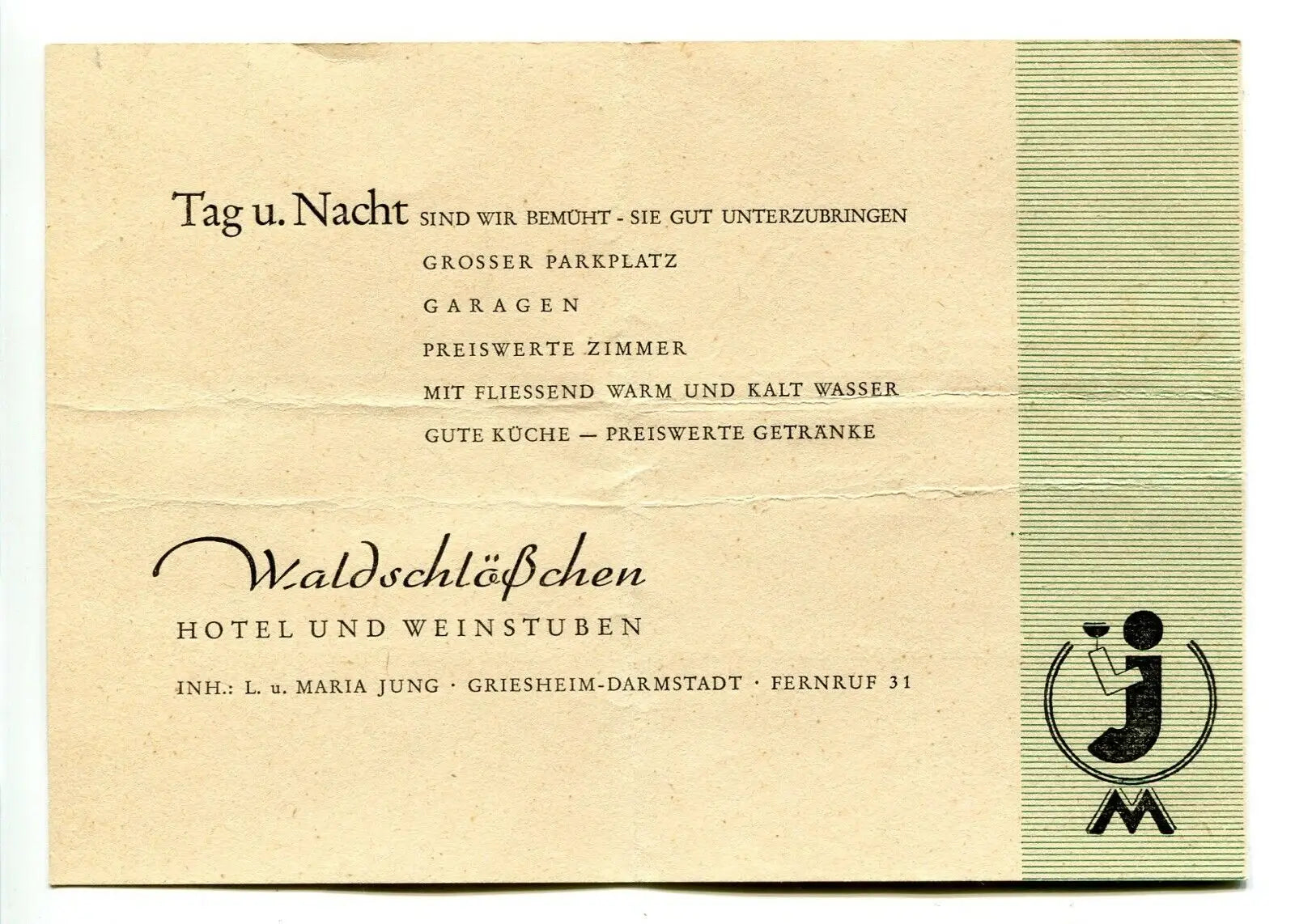 Vintage Waldschlobchen Hotel advertisement from WWII, ideal for trading cards collectors