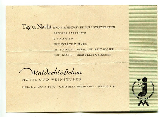Vintage Waldschlobchen Hotel advertisement from WWII, ideal for trading cards collectors