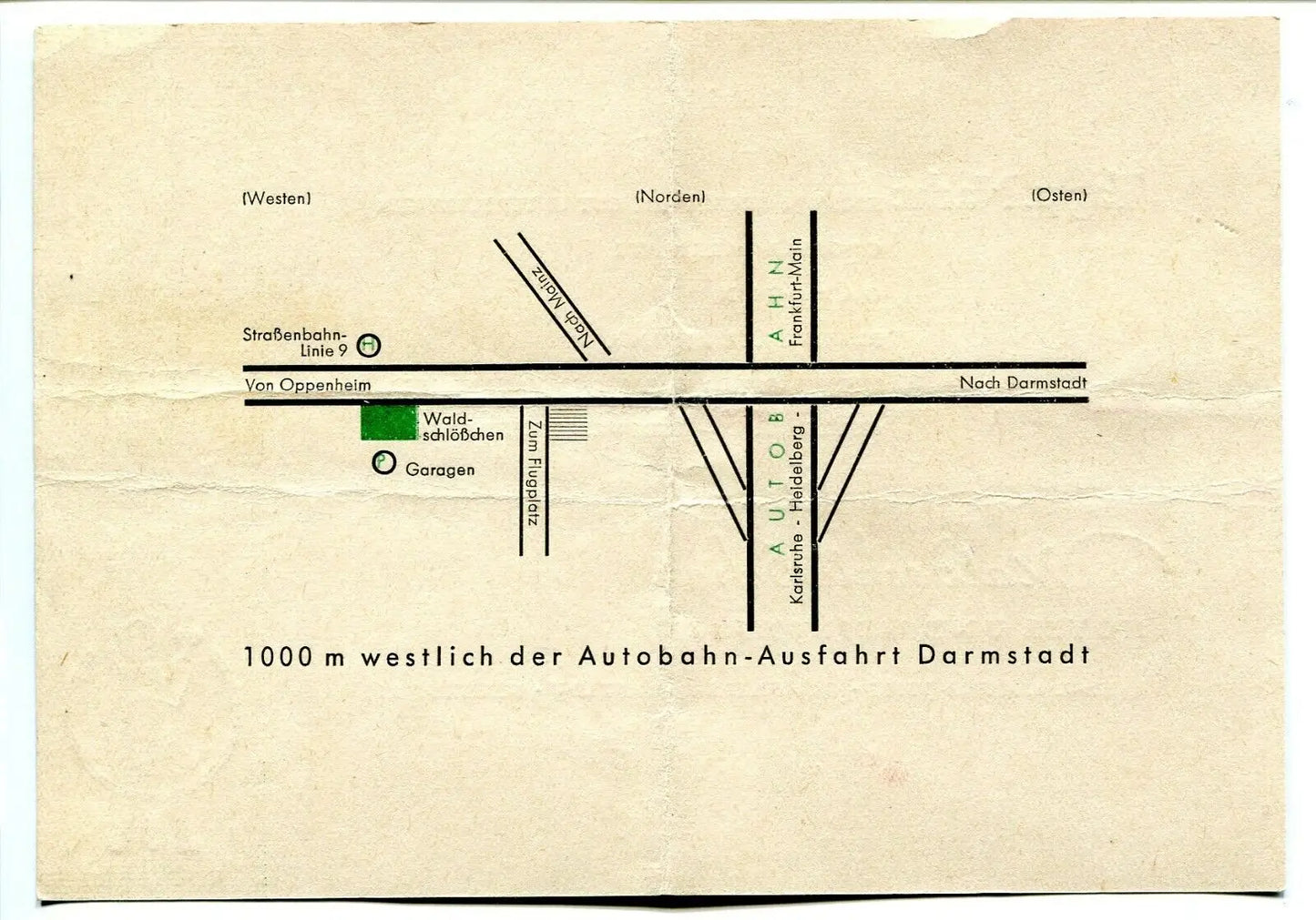 Vintage map of Darmstadt featured in 1940 Waldschlobchen Hotel wine bar promotional flyer
