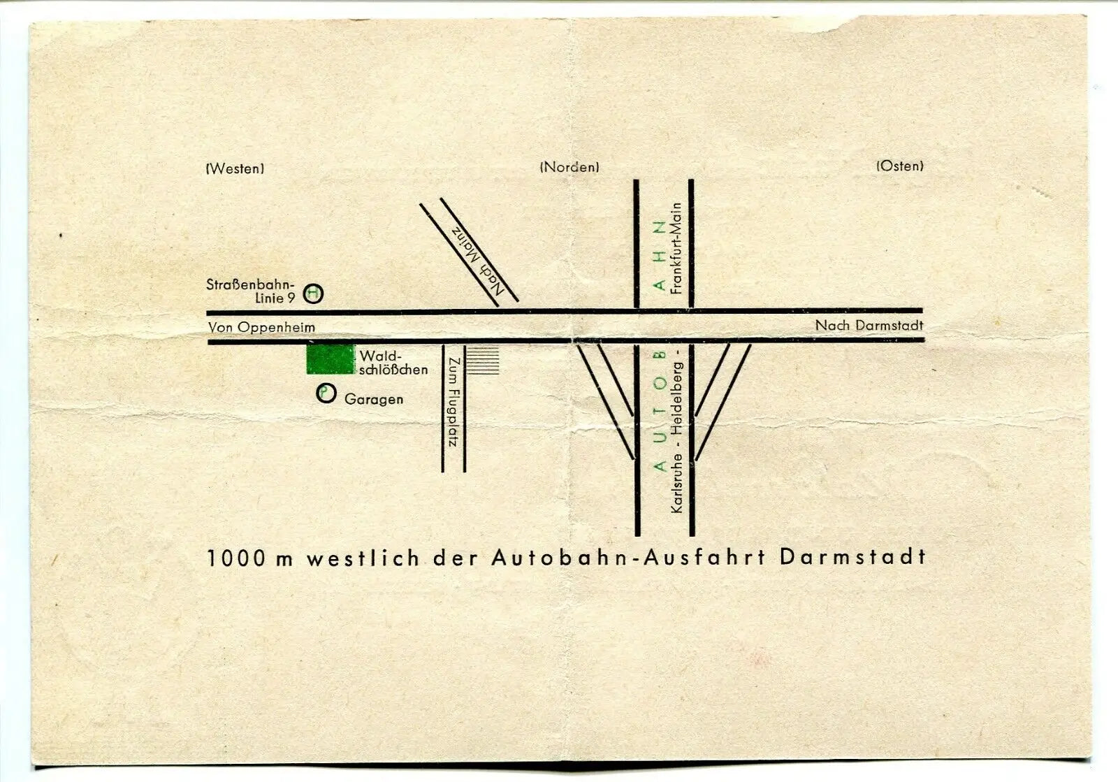 Vintage map of Darmstadt featured in 1940 Waldschlobchen Hotel wine bar promotional flyer
