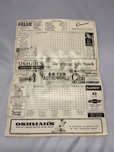 Vintage baseball scorecard highlighting Houston Astros vs Philadelphia Phillies program