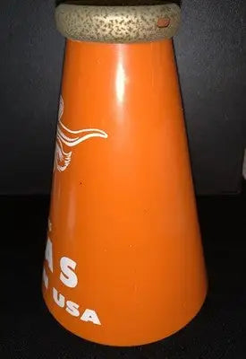 Orange plastic Texas Longhorns megaphone with brass mouthpiece and Texas USA lettering