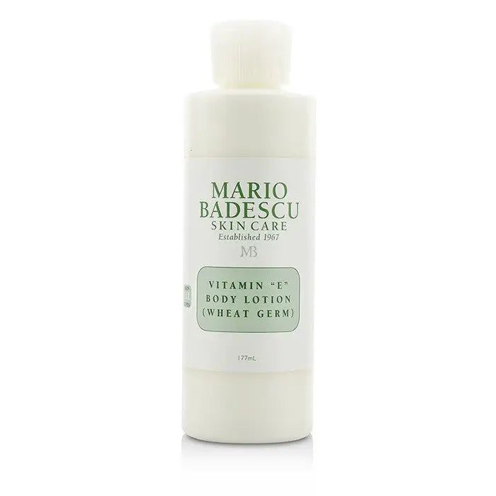 White bottle of Mario Badescu Vitamin E Body Lotion with wheat germ for all skin types