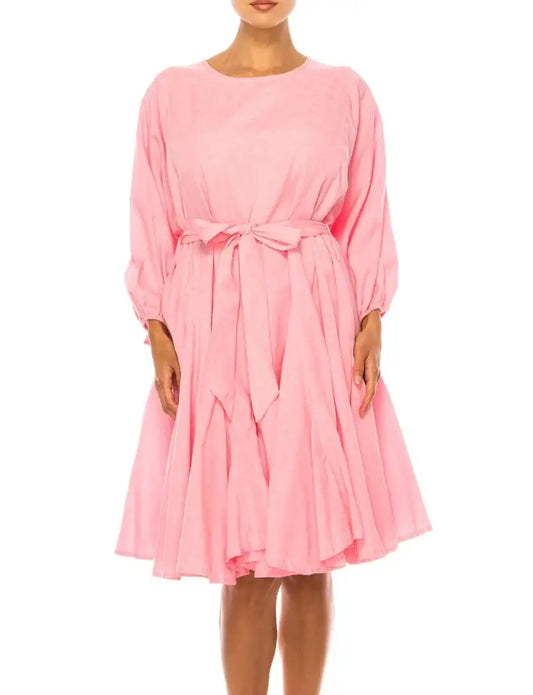 Vivid Apparel light pink long-sleeved belted knee-length day dress with tied waist