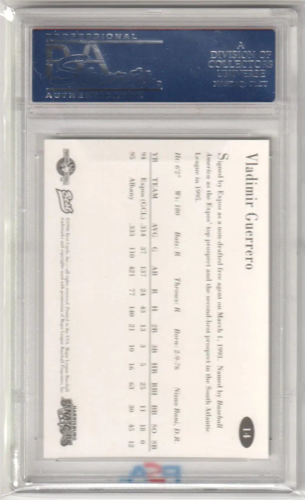 Graded Vladimir Guerrero 1996 Best Harrisburg Senators RC Rookie card from Columbia Hobby