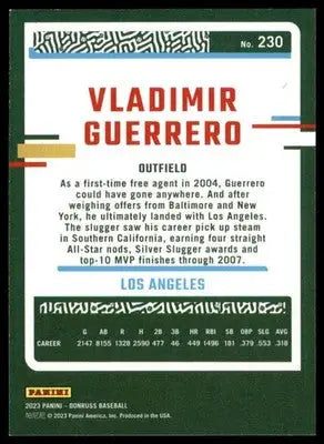 Back of Vladimir Guerrero 2023 Donruss #230 baseball card featuring Los Angeles Angels player