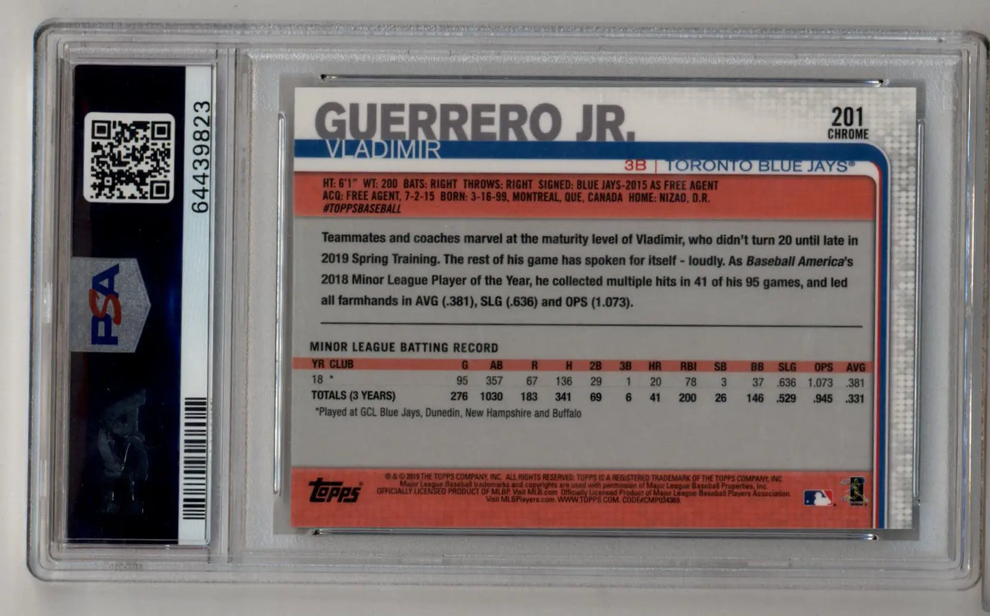PSA-graded Vladimir Guerrero Jr Topps Chrome Negative Refractor card in Gem Mint condition