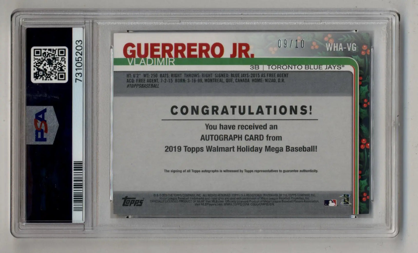 Vladimir Guerrero Jr 2019 Topps Holiday Auto 09/10 PSA 9 Mint - Singles