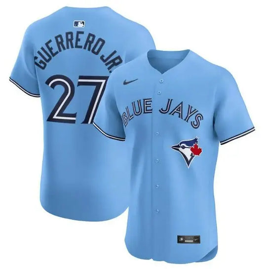 Light blue Toronto Blue Jays Nike Home Elite jersey with Guerrero Jr. 27 and Blue Jays logo