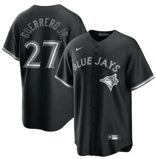 Black Toronto Blue Jays jersey with GUERRERO JR. 27 and Blue Jays logo front