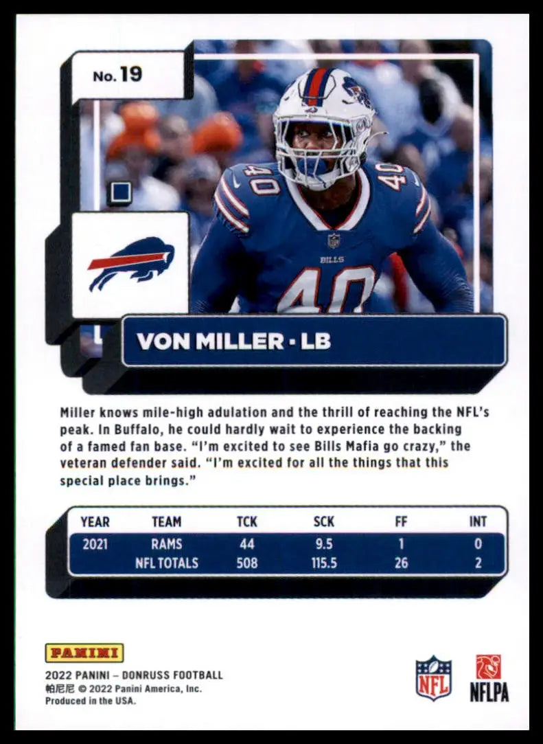 Von Miller football card from 2022 Donruss series for the Buffalo Bills