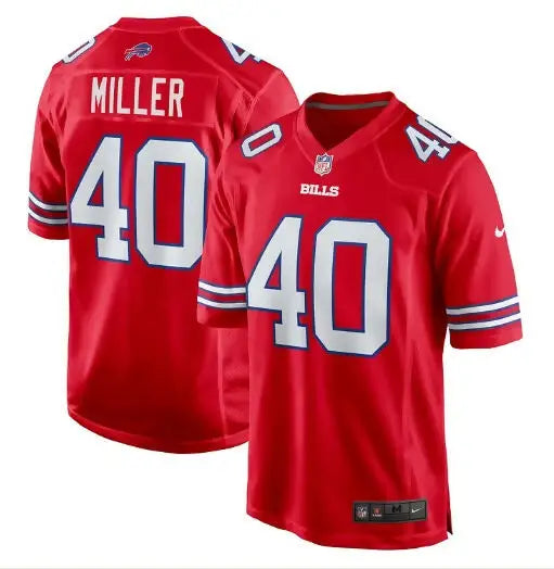 Red Buffalo Bills Von Miller Nike Game Jersey displayed in a product image