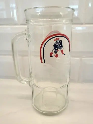 Glass beer mug featuring England Patriots logo on a Fisher beer stein design