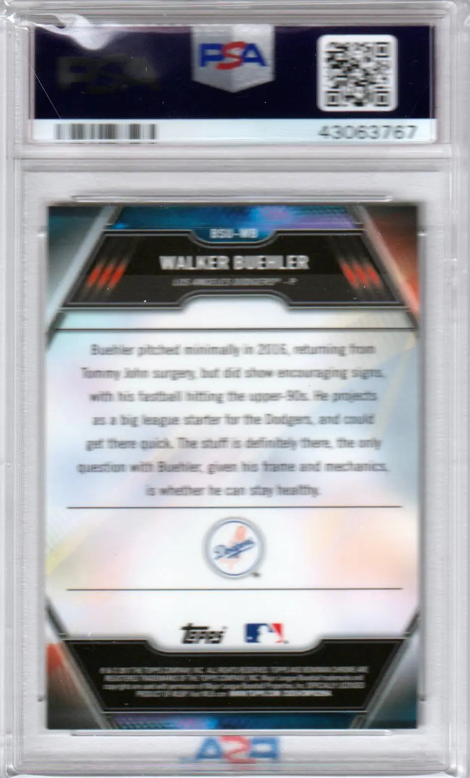 Graded Walker Buehler Bowman Chrome baseball card from Columbia Hobby PSA 9 Mint