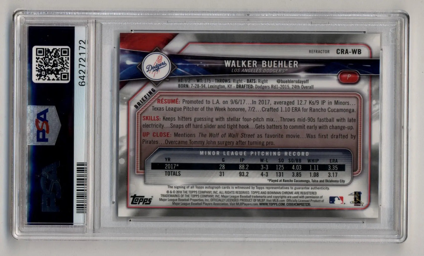 Walker Buehler 2018 Bowman Chrome Rookie Auto Refractor in protective case