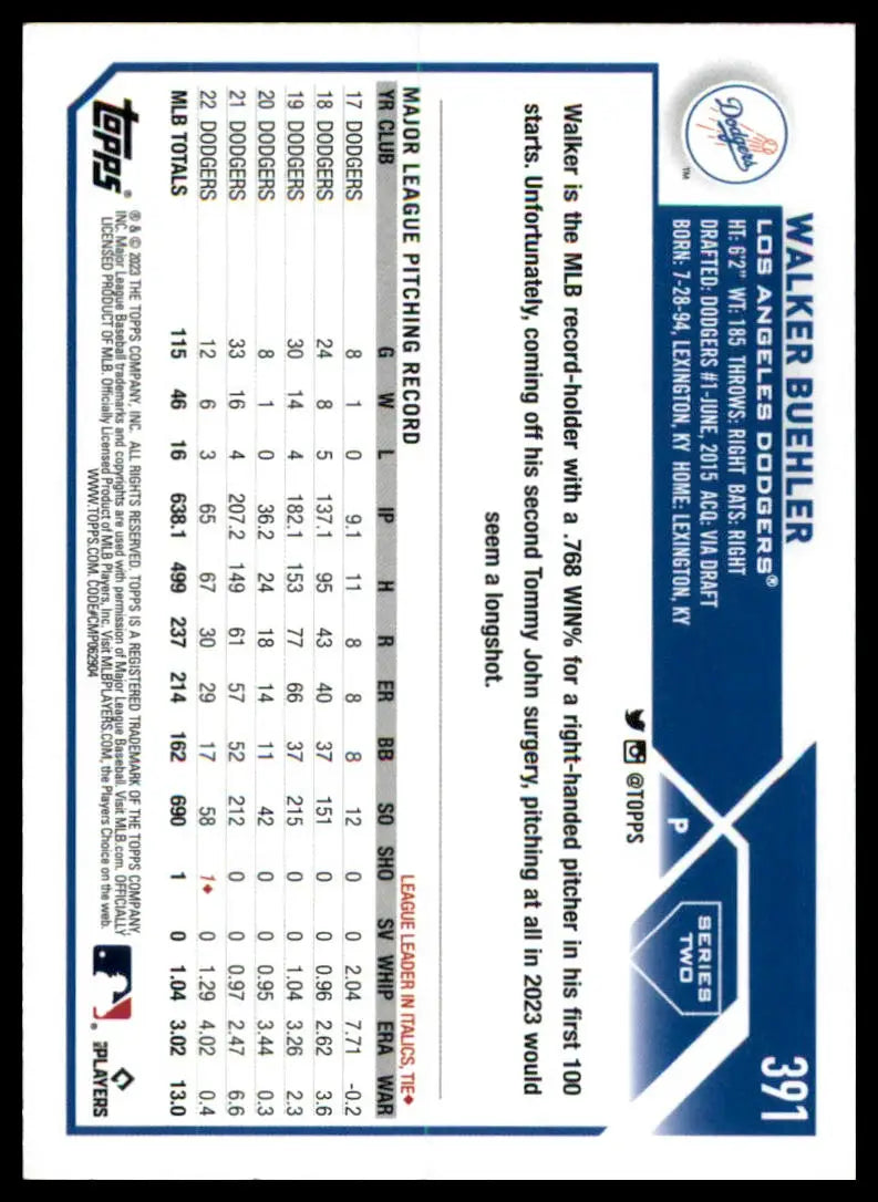 Baseball card back of Walker Buehler 2023 Topps Los Angeles Dodgers card