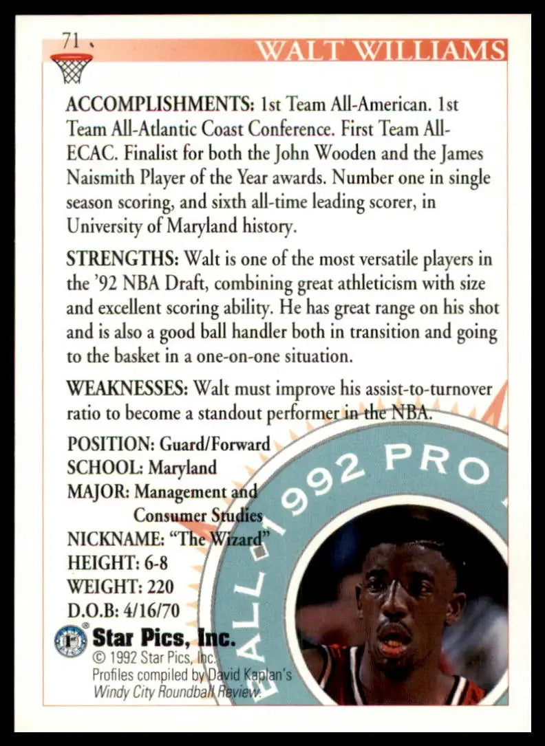 Walt Williams 1992 Star Pics basketball card featuring Maryland Terrapins player