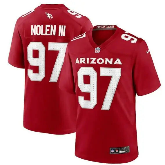 Red and white Arizona Cardinals football jersey displayed for Walter Nolen NFL Draft 2025