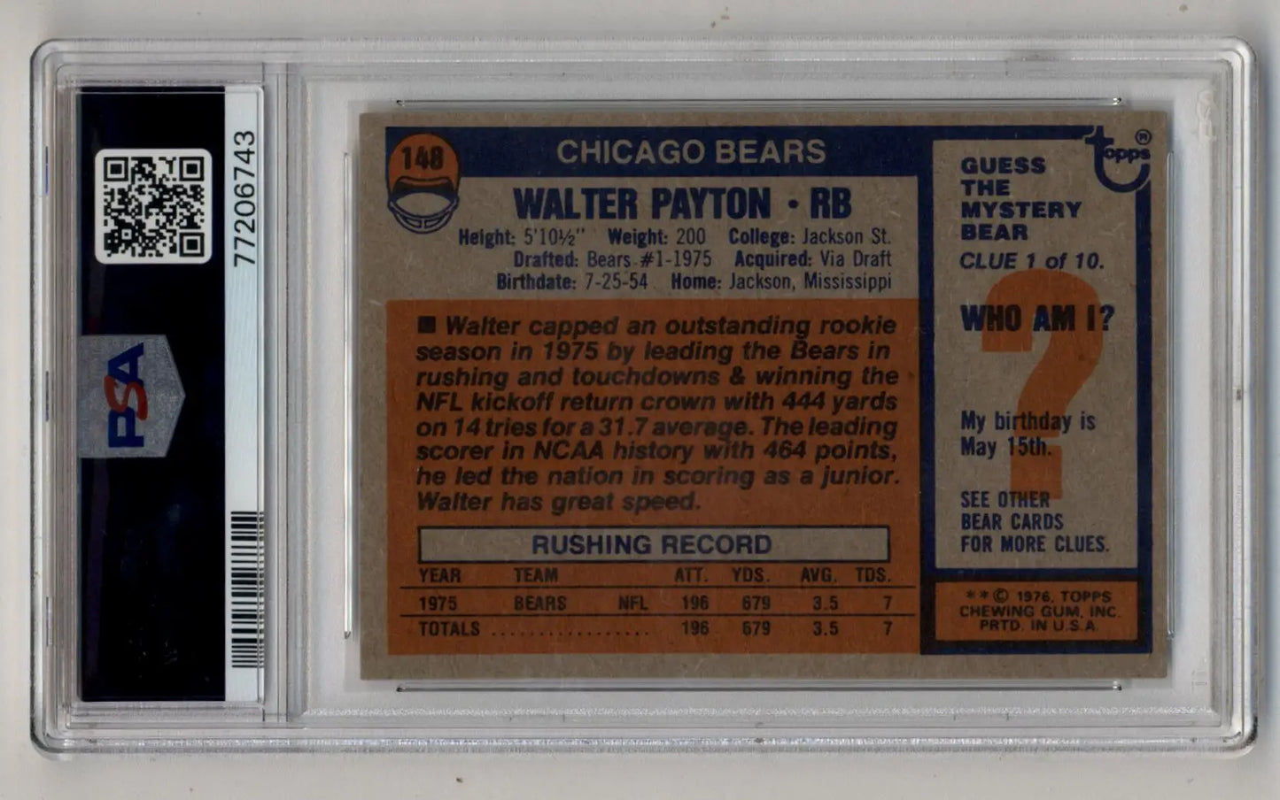Walter Payton 1976 Topps #148 PSA 6 Excellent-Mint 6743 - Singles