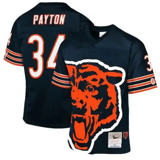 Navy blue Walter Payton Chicago Bears 1985 throwback football jersey with orange and white accents