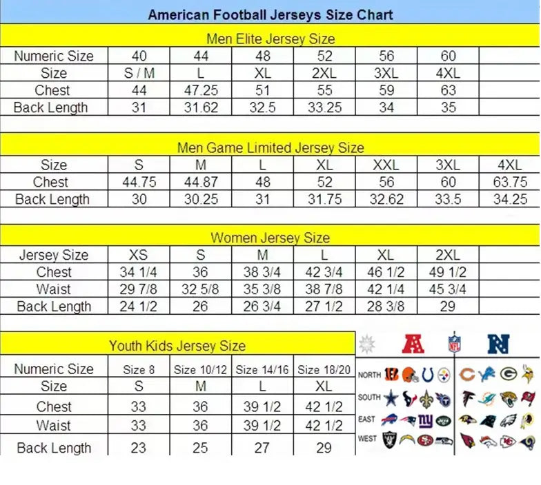 American football jersey size chart for men women and youth displayed with Walter Payton Bears jersey