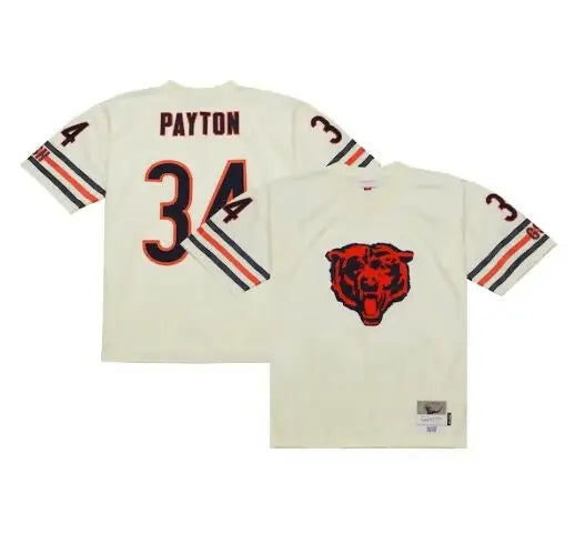 Two cream-colored Mitchell & Ness Walter Payton Chicago Bears NFL jerseys displayed