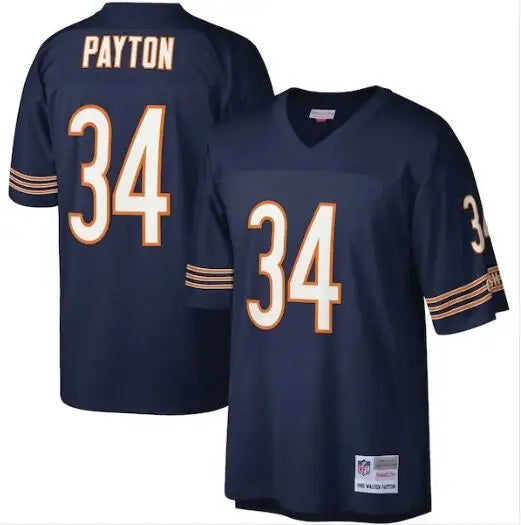 Two navy blue Walter Payton Chicago Bears legacy replica jerseys with orange and white numbers