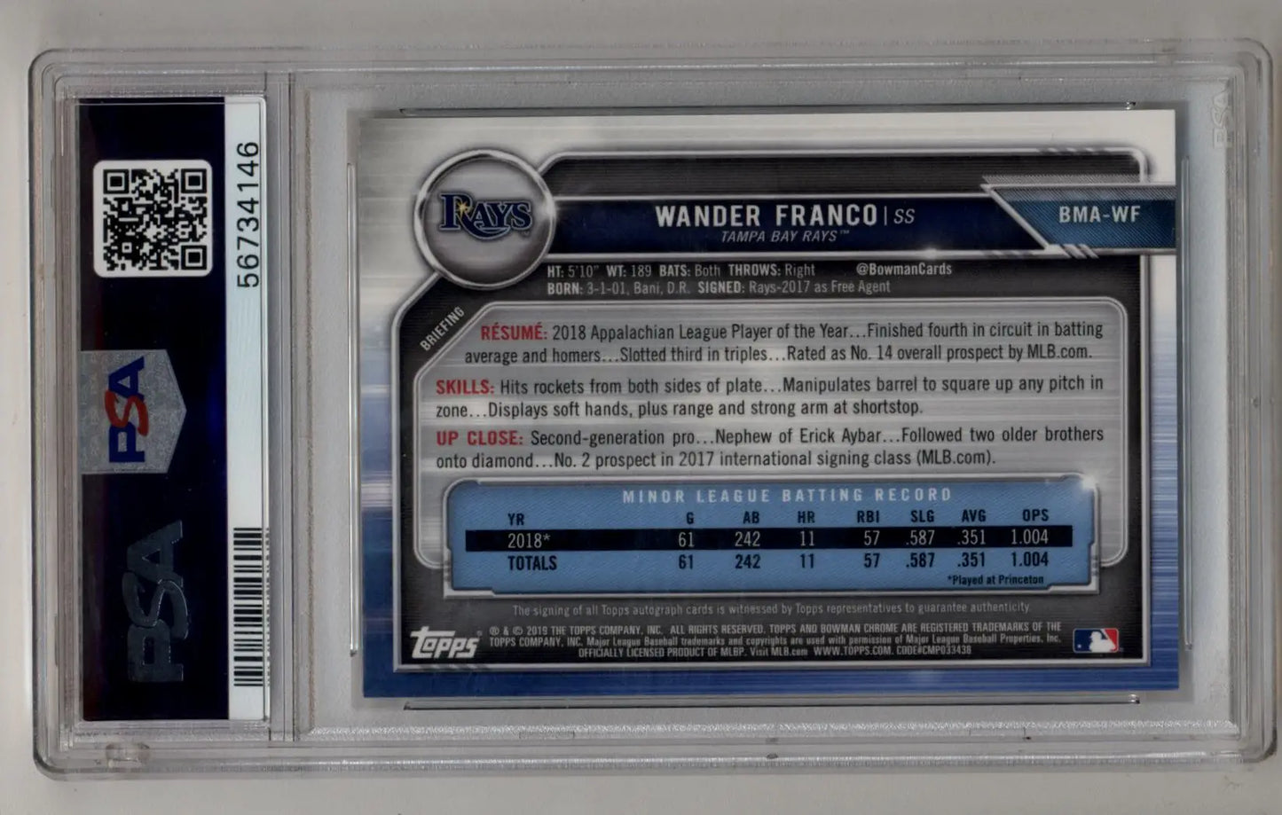 Wander Franco 2019 Bowman Chrome Mega Box Auto in protective case with QR code