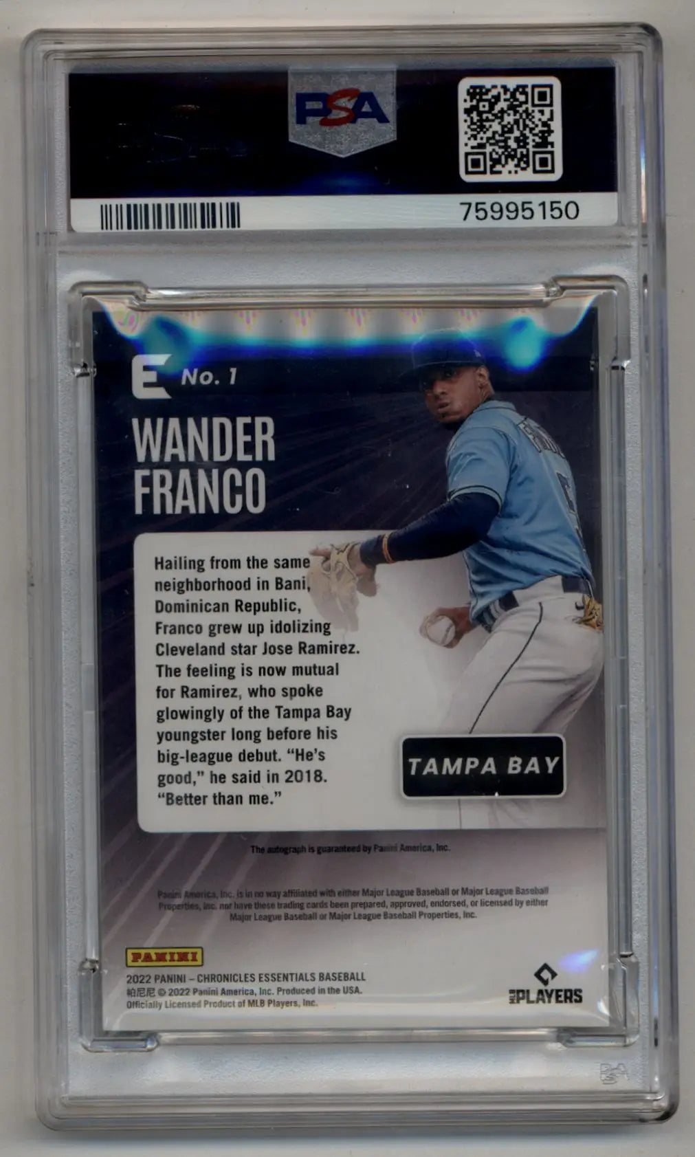 Wander Franco 2022 Chronicles Essentials Auto PSA 10 Gem Mint baseball card in blue uniform